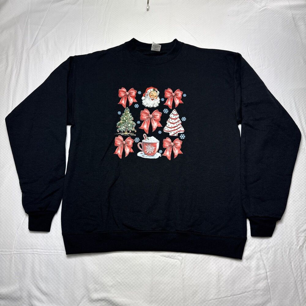 Hanes Eco Smart Black X'mas Sweatshirt Santa Tree bows Cotton Cozy Sz M Women